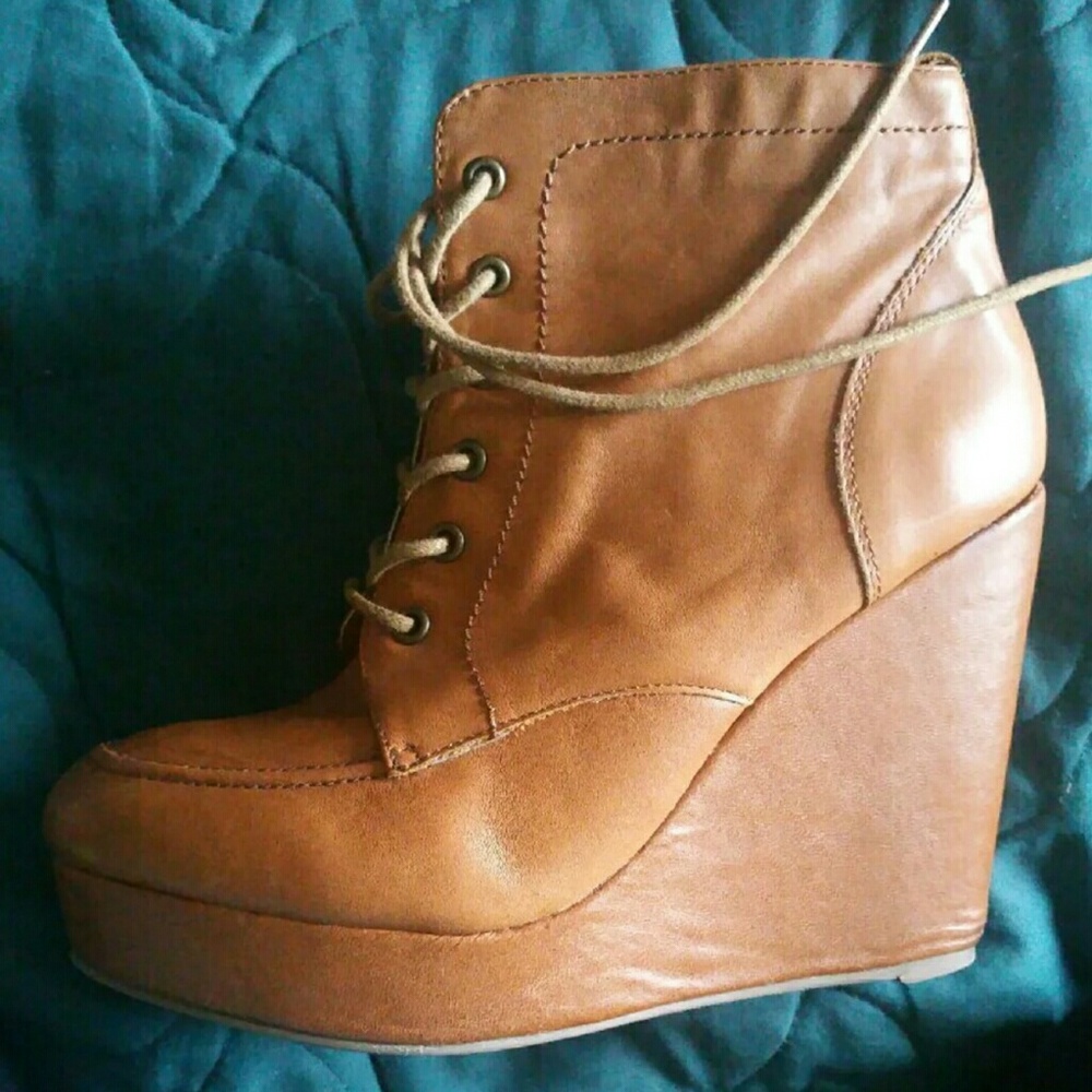 Anthropology Wedge Tan Heels Lace Bootie